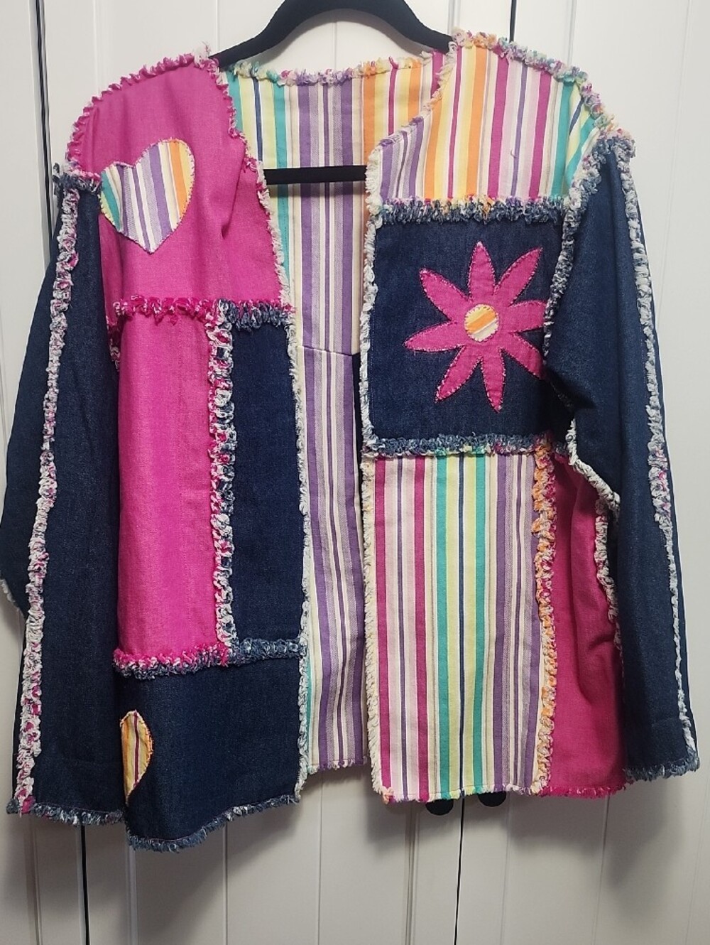Patchwork Striped & Dark Denim Jean Jacket /Pink Accents PTP 22.5" Length 25"